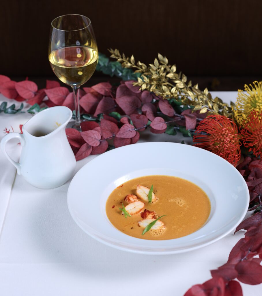Thanksgiving soup at Ai Fiori on a decorated holiday table.